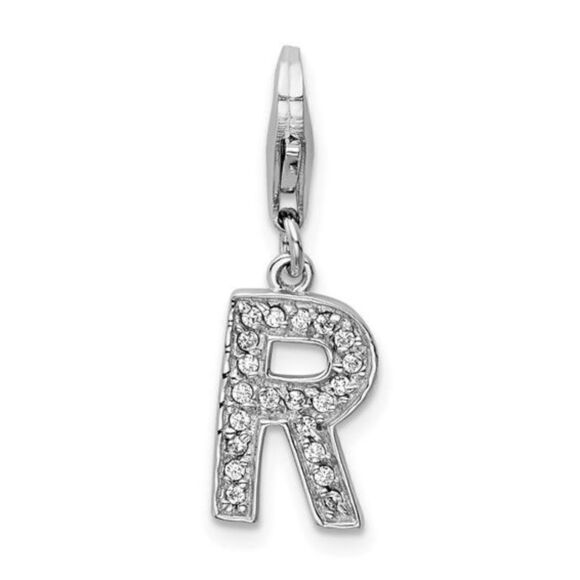 Amore La Vita Sterling Silver Rhodium-plated Polished CZ Letter R Initial Charm - Picture 1 of 4